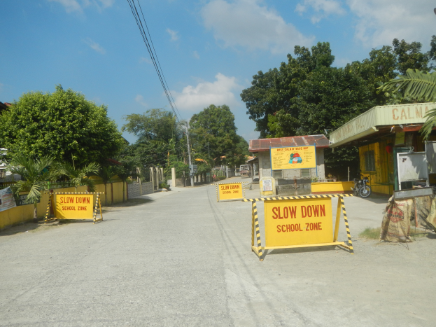Eine Straße mit einem gelben "Slow Down School Zone"-Schild auf der linken Seite, geparkte Fahrzeuge auf der rechten Seite und Bäume, Gebäude, Pfosten, Drähte und Himmel im Hintergrund.