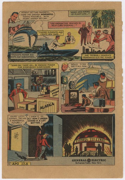Eine Comic-Seite mit einem Mann in einem blauen Anzug mit roter Krawatte und einer Frau in einem weißen Kleid mit einem blauen Schultertuch, vor einem hellblauen Himmel mit weißen Wolken.