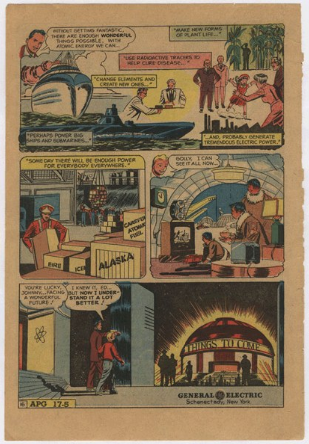 Eine Comic-Seite mit einem Mann in einem blauen Anzug mit roter Krawatte und einer Frau in einem weißen Kleid mit einem blauen Schultertuch, vor einem hellblauen Himmel mit weißen Wolken.