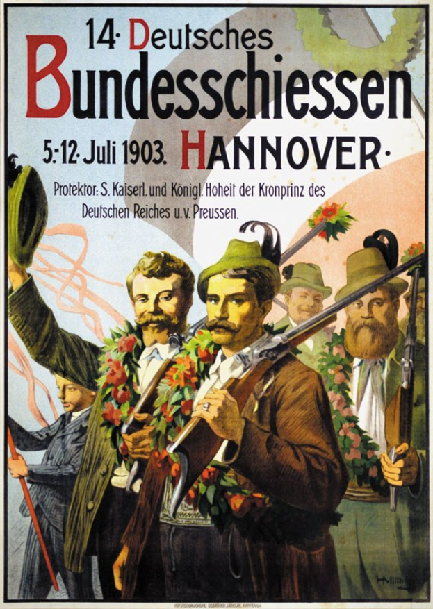 Deutsches Weltkriegspropagandaplakat mit einer Gruppe von Menschen in Krünzen mit Gewehren, mit Text über und unter dem Plakat.