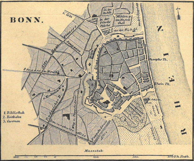 Ausführliche alte Karte von Bonn, Deutschland, zeigt Stra├čen, Geb├Ąude und Landmarken mit Textanmerkungen.