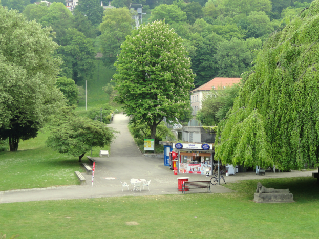 Ein Park mit grünem Gras, Bäumen, Bänken, Tischen, Stühlen, Mülltonnen, einer Straße, Pfählen, Schildern und Gebäuden, mit mehr Bäumen und Gebäuden im Hintergrund.
