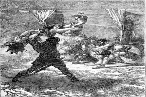 Eine Schwarz-Weiß-Zeichnung eines Mannes, der von einer Gruppe von Menschen angegriffen wird, mit einem menschlichen Gesicht in der Mitte und Text unten.