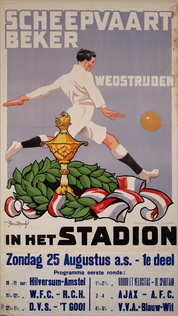 Ein Fußballplakat aus den Niederlanden mit einer Person in einem weißen Trikot mit entschlossener Miene, umgeben von grünen und gelben Blättern, fettem schwarzem 'Fußball'-Text und einem hellblauen Himmel-Hintergrund.