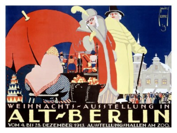 Plakat, das eine Weihnachtsausstellung in Alt-Berlin ankündigt, mit leuchtenden Illustrationen von Menschen, Gebäuden und Gegenständen und dem Text "Weihnachts Ausstellung in Alt-Berlin" oben.
