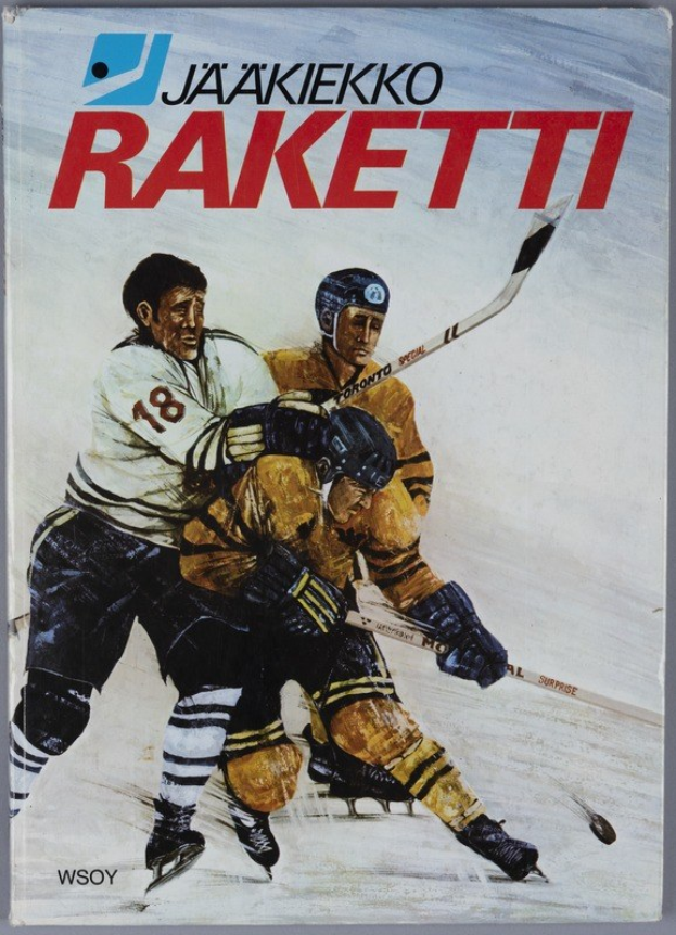 Buchumschlag mit dem Titel "Jääkiekko Raketti", der drei Menschen beim Eishockeyspielen zeigt, jeweils mit einem Hockeystock in der Hand, auf einer flachen Oberfläche.