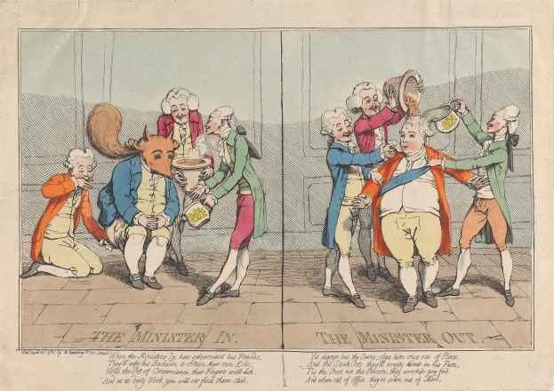 Cartoon-Zeichnung von Menschen in verschiedenen farbigen Kleidern, einige halten Gegenstände, mit Text unten lesend "Der Minister im Minister Out".
