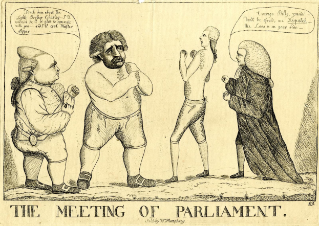 Ein Bleistiftbild mit dem Titel "Die Parlamentssitzung" zeigt drei Personen, die stehen und diskutieren, wobei eine Person lebhaft gestikuliert.