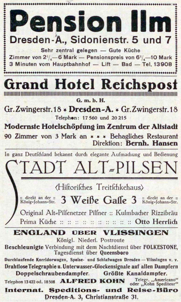 Schwarzer Text auf weißem Hintergrund wirbt für die Pensionspension in Dresden, Deutschland.