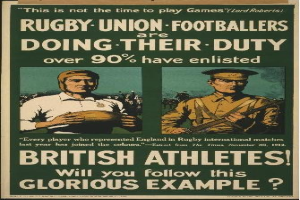 Britisches WWI-Recruiting-Plakat mit zwei Rugby-Union-Fußballern in Militäruniform mit Text zur Förderung der Einberufung von Athleten.