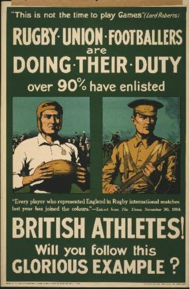 Britisches WWI-Recruiting-Plakat mit zwei Rugby-Union-Fußballern in Militäruniform mit Text zur Förderung der Einberufung von Athleten.