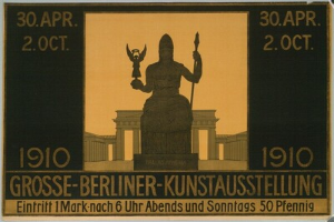 Ein Plakat mit einer Statue vor einem Gebäude, mit Text und Zahlen, die die Berliner-Kunstausstellung ankündigen.