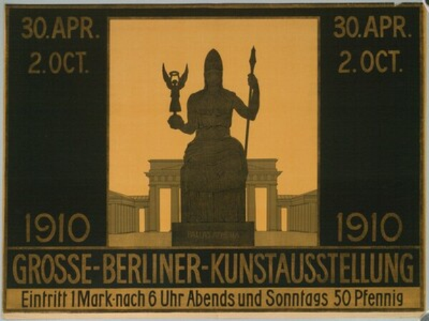 Ein Plakat mit einer Statue vor einem Gebäude, mit Text und Zahlen, die die Berliner-Kunstausstellung ankündigen.