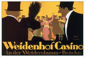 Ein Plakat für das Weidenhof Casino in Brücke, Deutschland, mit einer farbenfrohen Illustration von tanzenden und feiernden Menschen und der Aufschrift "Weidenhof" in fetter Schrift oben, eingerahmt von einem schwarzen Rand.