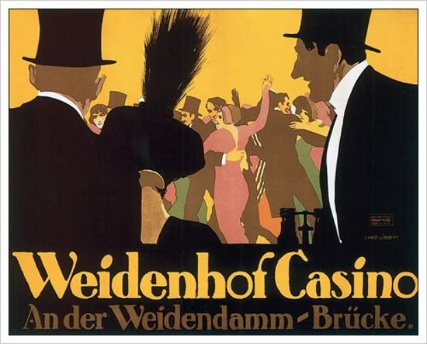 Ein Plakat für das Weidenhof Casino in Brücke, Deutschland, mit einer farbenfrohen Illustration von tanzenden und feiernden Menschen und der Aufschrift "Weidenhof" in fetter Schrift oben, eingerahmt von einem schwarzen Rand.
