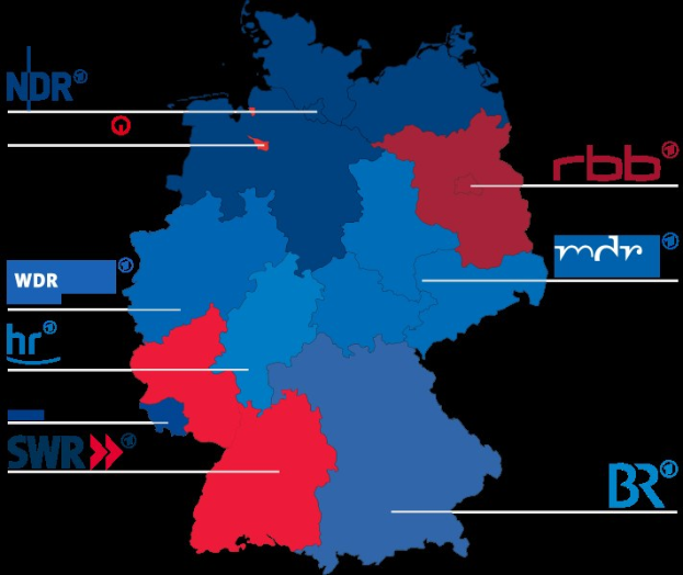 Eine Deutschlandkarte mit in rot und blau hervorgehobenen Bundesländern, um die Ergebnisse der Wahl 2016 anzuzeigen, einschließlich der Namen der Kandidaten und weiterer Einzelheiten zum Wahltermin.