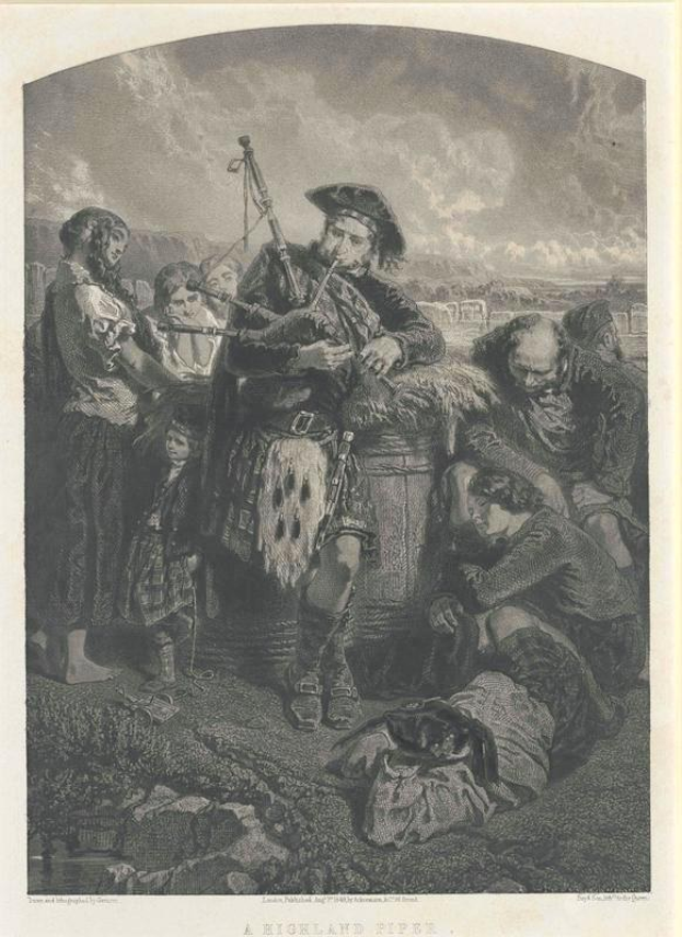 Schwarz-weißes Gravur eines Mannes, der vor einer Gruppe von Menschen eine Dudelsack spielt, unter einem bewölkten Himmel, mit dem Text "Ein Highland Dudelsack" unten.