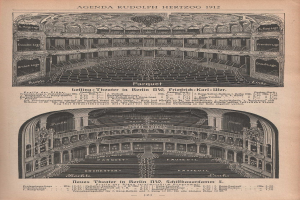 Schwarz-weiß-Illustration einer alten Buchseite mit einer detaillierten Zeichnung eines großen Auditoriums in Berlin, Deutschland von 1912, neben Text zur Beschreibung des Theaters.