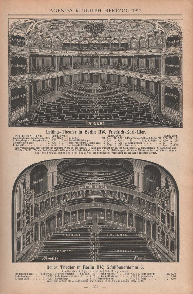 Schwarz-weiß-Illustration einer alten Buchseite mit einer detaillierten Zeichnung eines großen Auditoriums in Berlin, Deutschland von 1912, neben Text zur Beschreibung des Theaters.