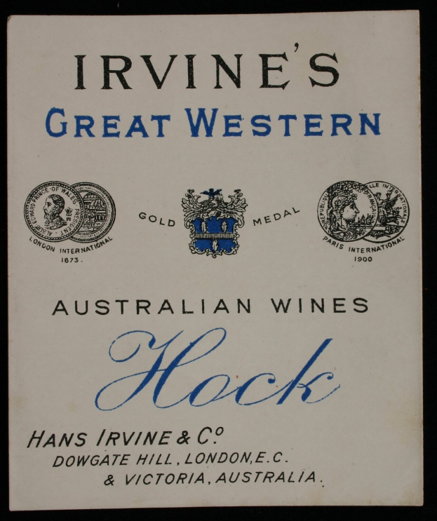 Plakat, das Irvines großartige westaustralische Weine bewirbt, mit Firmenlogos und Text, der die Weinarten auflistet.