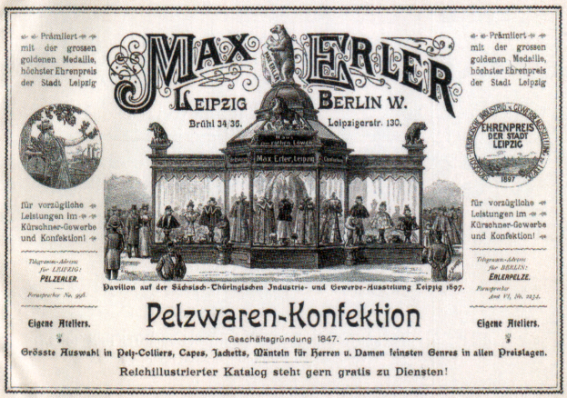 Eine Vintage-Reklame für Max Erler Leipzig in Berlin, Deutschland, die eine Gruppe von Menschen vor einem Gebäude mit Text zeigt, der ein Ereignis ankündigt.