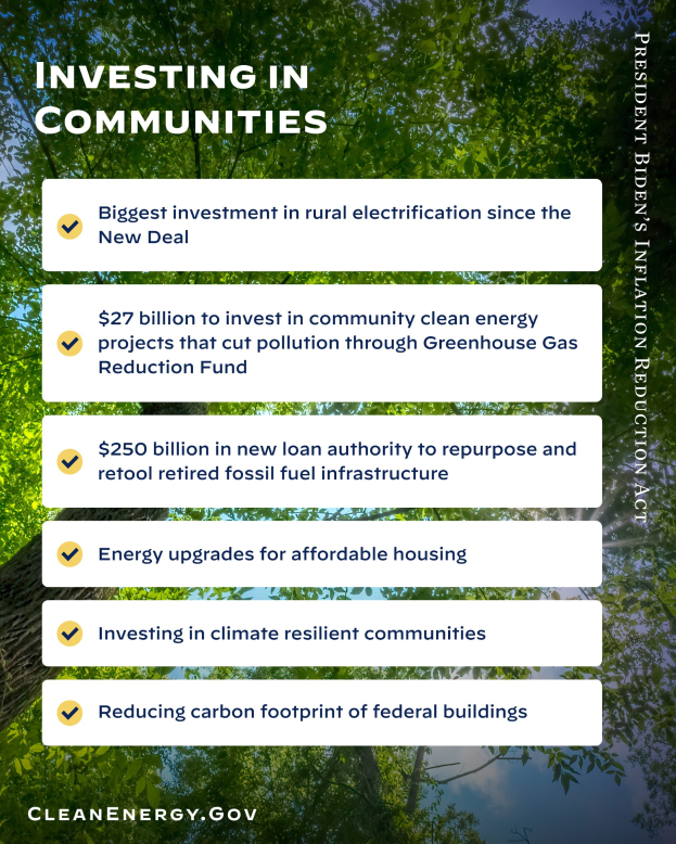 Ein Plakat mit Bäumen und Himmel, mit dem Text "Investing in Communities: Biggest Investment in Rural Electricity Since the New Deal".