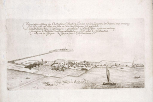 Ein altes Buch mit dem Titel "Plan der Stadt Köln, Deutschland" mit einer zentralen Illustration der Stadt umgeben von Booten auf dem Wasser.