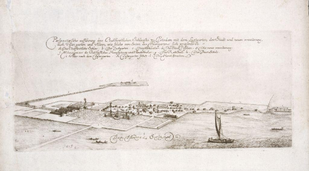 Ein altes Buch mit dem Titel "Plan der Stadt Köln, Deutschland" mit einer zentralen Illustration der Stadt umgeben von Booten auf dem Wasser.