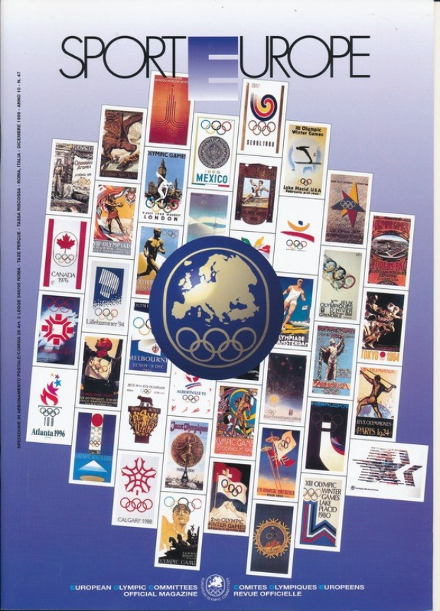Ein Buchumschlag mit dem Titel "Sport in Europa", der lebendige Olympia-themen Bilder, Text und Symbole aus europäischen Spielen zeigt.