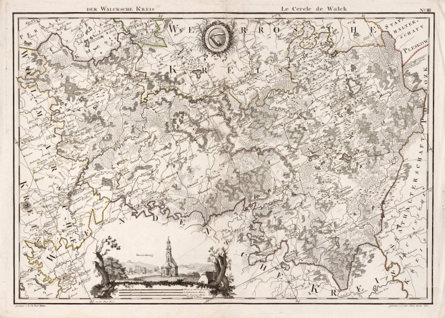 Ein historischer Deutschlandplan mit einer Kirche in der Mitte, auf altem Papier gedruckt mit Text oben und unten, umgeben von Bäumen.
