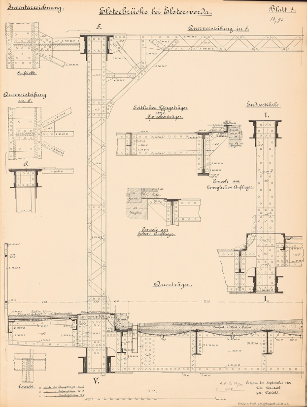 Schwarz-weiß-Zeichnung einer Brücke im Bau auf einer Seite mit detaillierten Architekturplänen und Text.