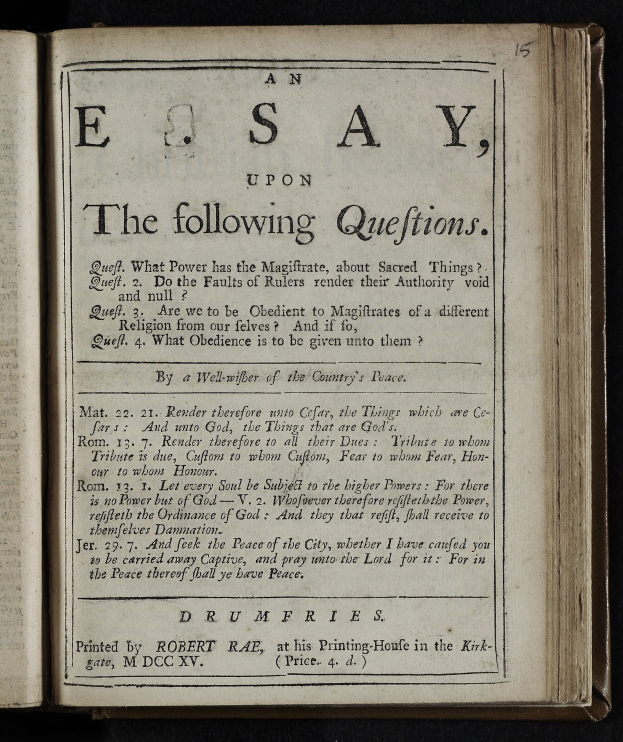 Offenes Buch mit "einer Abhandlung über die folgenden Fragen" auf den Seiten gegen einen schwarzen Hintergrund.