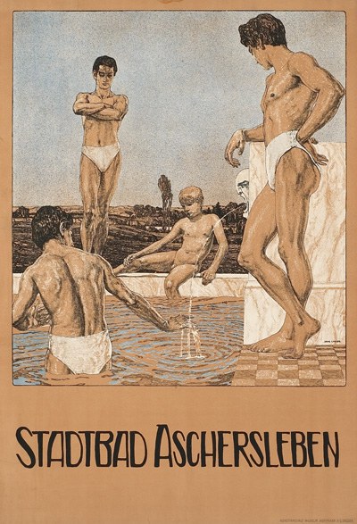 Gruppe von Menschen in einem Schwimmbad in Aschersleben, Deutschland, mit einer Person im Wasser sitzend und Text, der die Annehmlichkeiten des Schwimmbads bewirbt.