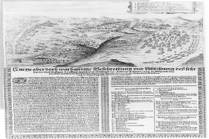 Ein altes Buch mit einer 16. Jahrhundert Schwarz-Weiß-Karte von Heidelberg, Deutschland, umgeben von beschreibendem Text.