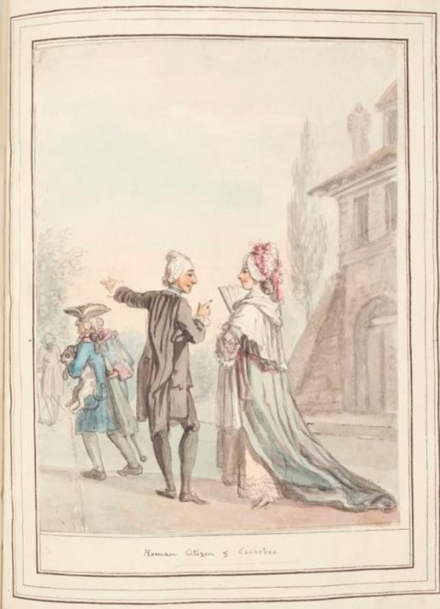 Eine historische Illustration eines Mannes in dunklem Mantel und Hut und einer Frau in einem prunkvollen Kleid, die gemeinsam im Freien mit Bäumen und einem klaren Himmel stehen, betitelt 'Die Rückkehr des Königs und der Königin von England' von Thomas Rowlandson.