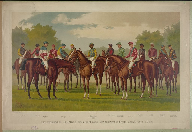 Gruppe von Menschen, die auf Pferden reitet, auf einer grünen Wiese mit Bäumen und einem blauen Himmel, mit Text unten, der "Feiernder Siegerpferde und Jockeys der amerikanischen Wiese" lautet.