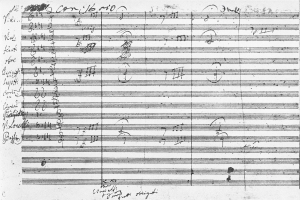 Schwarzes und weißes Notenblatt mit dichter musikalischer Notation und Text, das ein Konzertpartitur anzeigt.