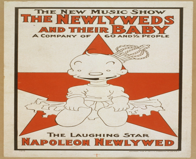 Plakat für "The New Music Show: The Newlyweds and Their Baby" mit einer Cartoon-Baby in einem weißen Strampler mit einer pinken Schleife, das gegen einen hellblauen Hintergrund mit Sternen und fetter schwarzer Schrift lächelt.