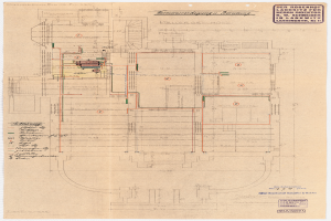 Ein detaillierter architektonischer Grundriss des Rosenhof-Krankenhauses in Hamburg, Deutschland, mit zahlreichen Drähten und Texten, die das Layout beschreiben, einschließlich Räumen, Fluren und anderen Merkmalen.