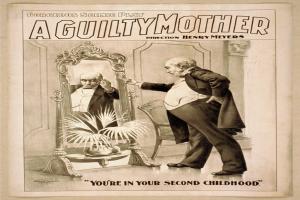 Plakat mit einem Mann, der vor einem Spiegel steht, im Hintergrund ein Stuhl und eine Pflanze, Text lautet "Eine schuldige Mutter - Du bist in deiner zweiten Kindheit."