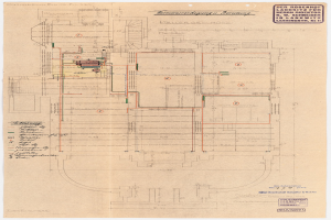 Schwarz-weißer Architekturplan des Rosenhof-Krankenhauses in Hamburg, Deutschland, mit detaillierter Darstellung mit zahlreichen Kabeln, Räumen, Fluren und Textanmerkungen auf altem Papier.