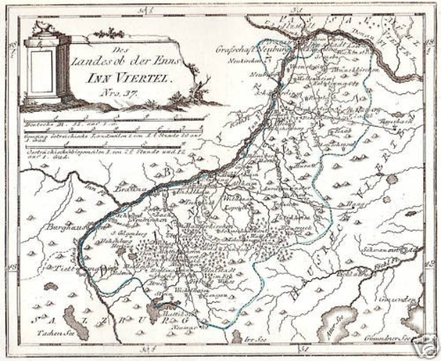Ein detaillierter Posterplan des Rheins in Deutschland, der seinen gewundenen Verlauf durch die Region zeigt, mit beschrifteten Sehenswürdigkeiten, Städten und geografischen Merkmalen, begleitet von Text und einem Bild einer Säule.