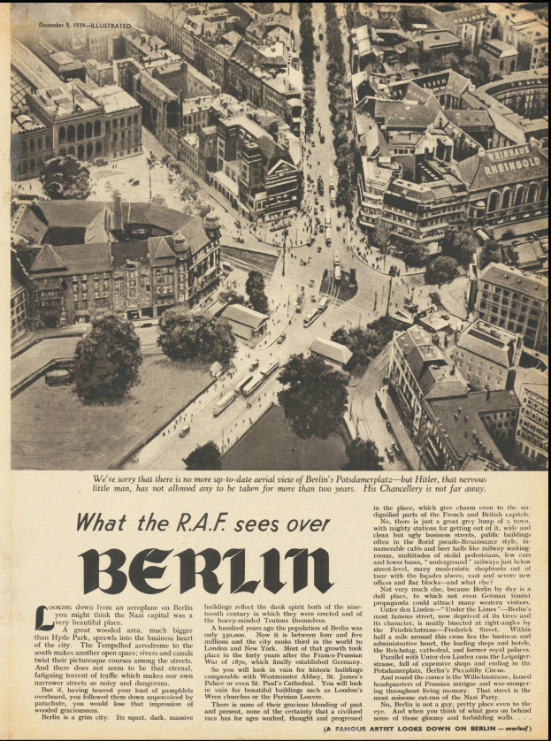Schwarz-weißes Bild einer alten Zeitung mit einem Stadtpanorama-Foto, das Gebäude, Bäume und Fahrzeuge zeigt, begleitet von Text.