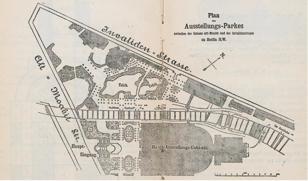Alte Karte von Berlin, Deutschland, mit einem detaillierten Plan des Ausstellungs-Parkes in der Mitte, gedruckt auf einem Papier mit begleitendem Text.