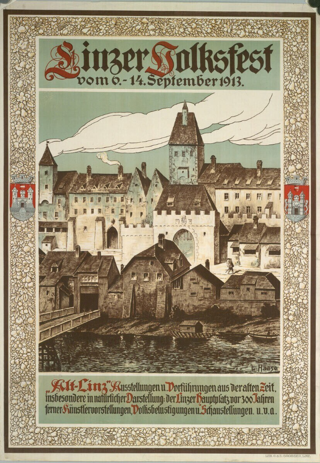 Alter Plakatwerbung für ein Festival in Deutschland, mit einer Illustration einer Burg umgeben von Häusern und Text mit Festivaldetails.