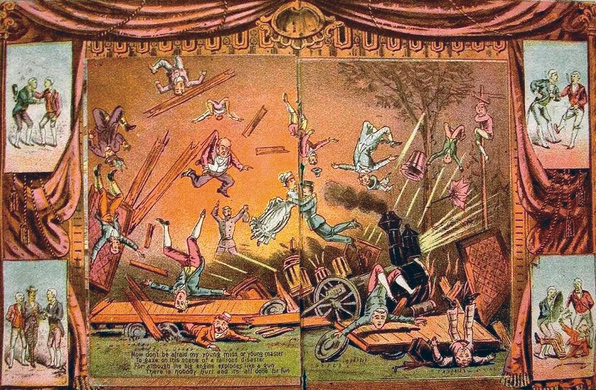 Gemälde einer Zirkusvorstellung mit Künstlern in bunten Kostümen auf einer Bühne mit Vorhängen und Requisiten, darunter Text.