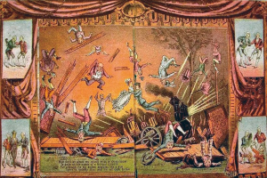 Gemälde einer Zirkusvorstellung mit Künstlern in bunten Kostümen auf einer Bühne mit Vorhängen und Requisiten, darunter Text.