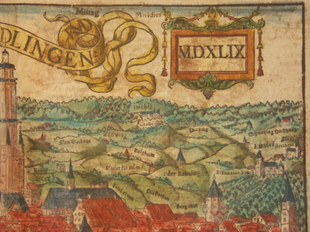 Ein altes, detailliertes Stadtplan von Dlingen, Deutschland, der Gebäude, Bäume und umliegende Ortschaften zeigt, mit Text in einer dekorativen Schrift auf altem Papier.