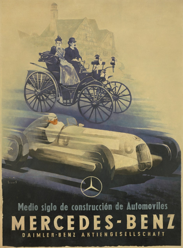 Vintage 1930er Mercedes-Benz-Werbung mit einem Auto mit zwei Personen und einem Geb├Ąude im Hintergrund.
