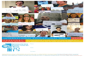 Internationaler Bildungswoche 2015 Plakat mit lachenden Menschen mit Schildern und Text.